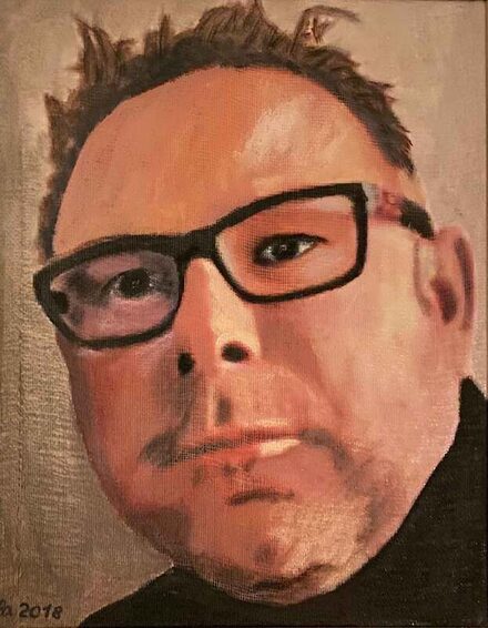 Gemaltes Porträt von Anthony C. Biasio mit schwarzer Brille, signiert BLA 2018